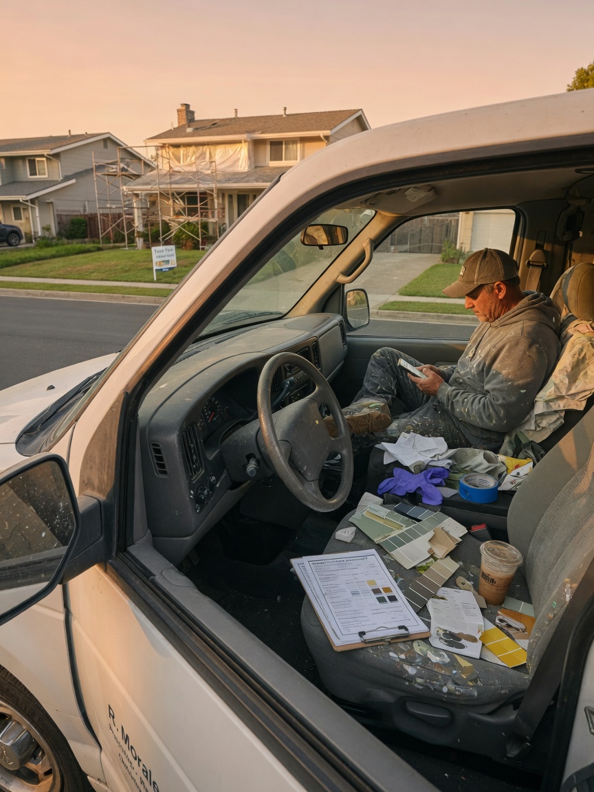 Painting contractor drafts a prep-tier proposal on his phone after a residential walkthrough