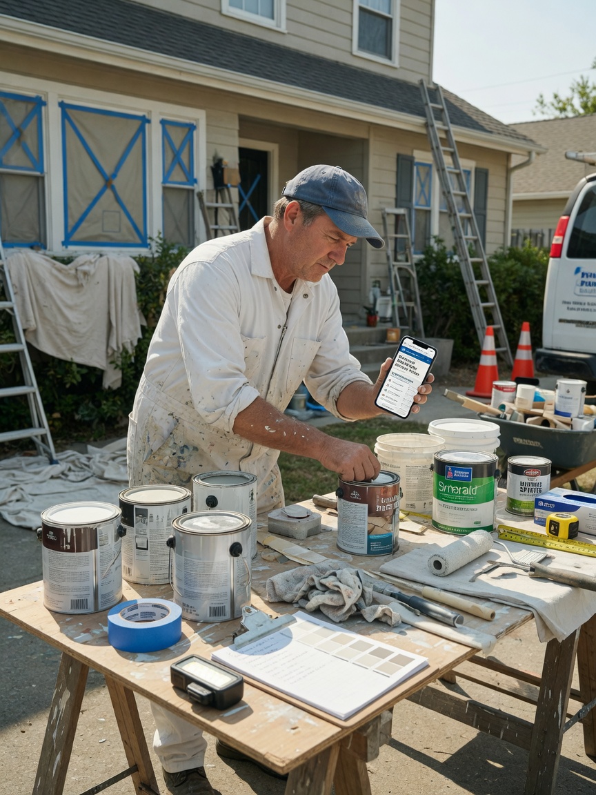 Painter checks primer and sheen specs on his phone at a residential prep station
