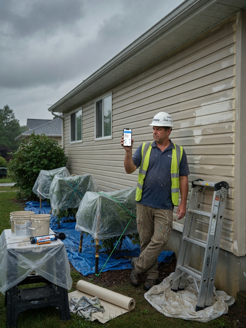 Painting crew lead reviews a weather reschedule notice draft on his phone before an exterior job