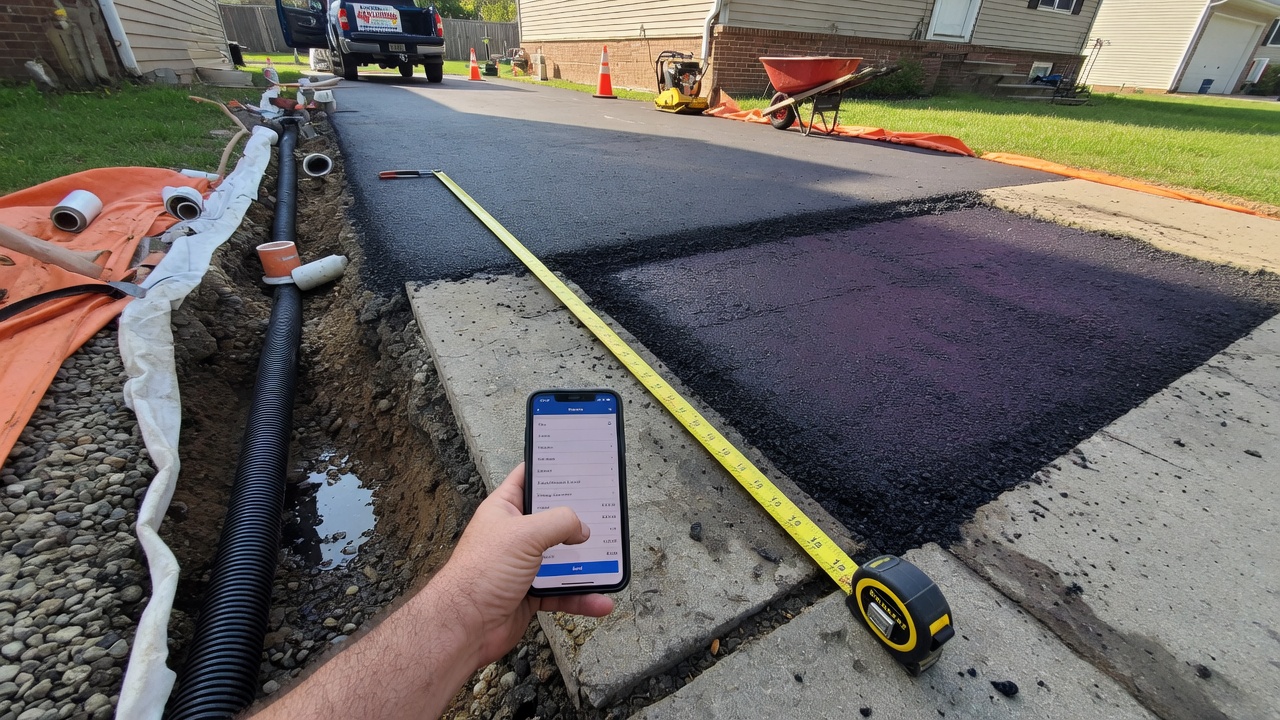 Driveway contractor drafts a site-walk bid with subgrade and drainage allowance lines on his phone beside a fresh asphalt mat