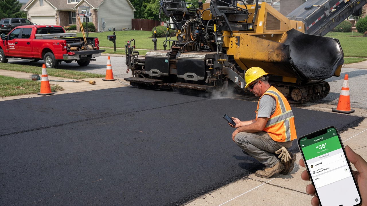 Paving contractor on a residential driveway job reviews a routed estimate-call summary on his phone beside the paver