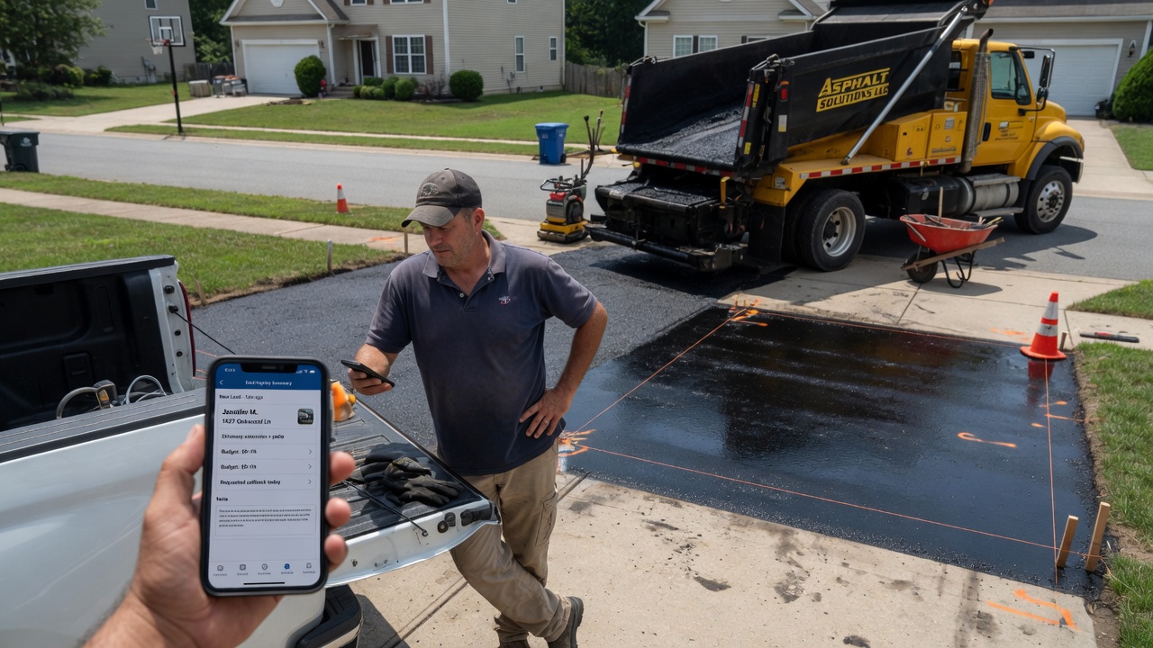 Driveway paving contractor reviews a municipal and HOA inquiry summary on his phone between residential pour days
