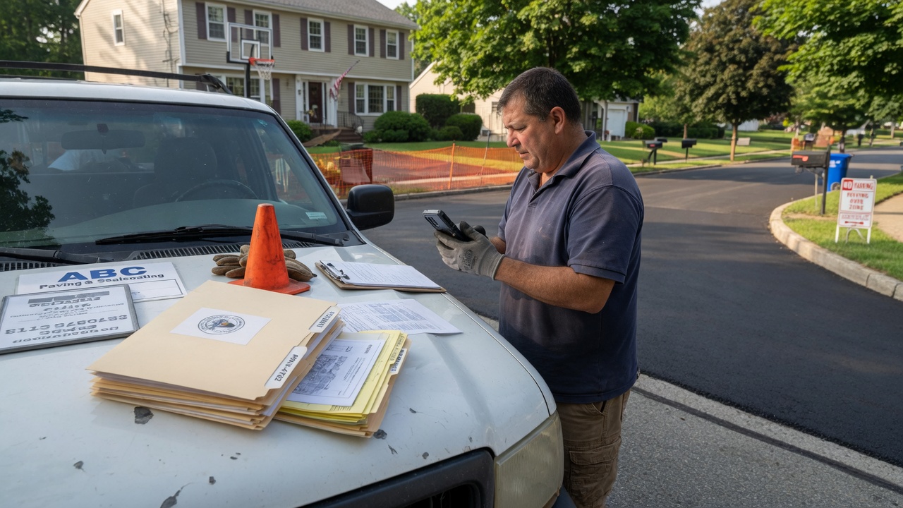 Paving contractor reviews a municipal permit follow-up draft on his phone before mobilizing a driveway tie-in job