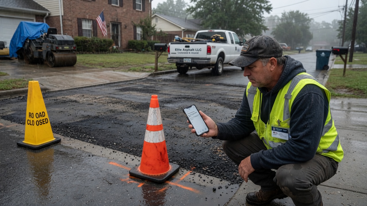 Asphalt contractor reviews a weather delay reschedule notice draft on his phone beside a rain-delayed driveway job