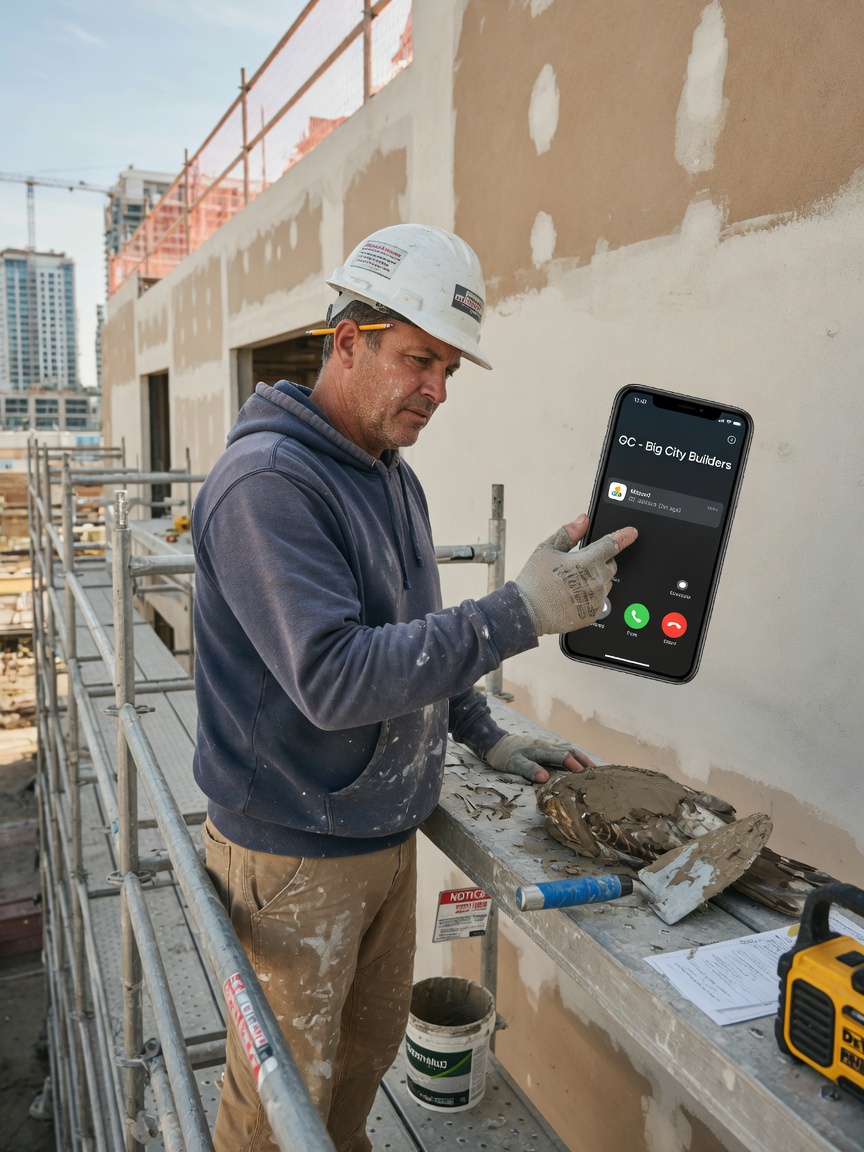Plasterer reviews a patch inquiry brief on his phone beside scaffolding at a commercial interior job