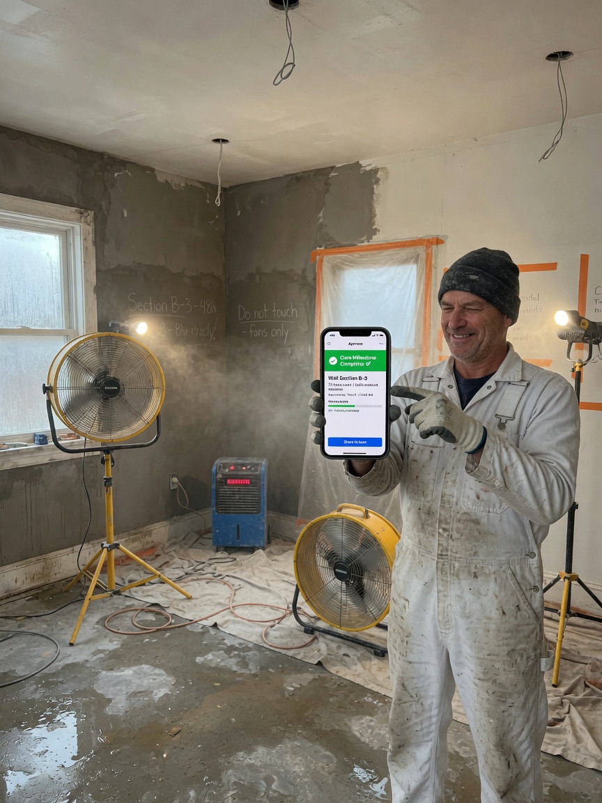 Plaster crew lead reviews a cure-milestone notice draft on his phone before a finish coat