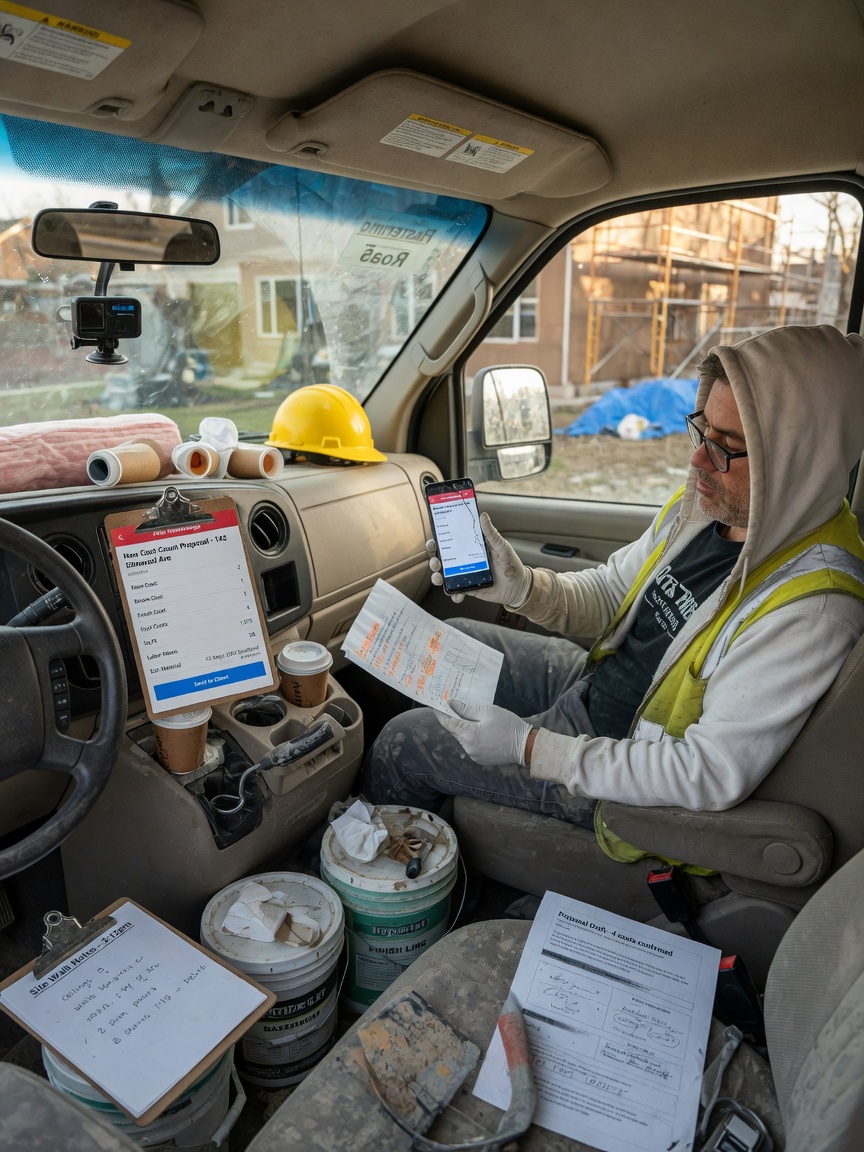 Plastering contractor drafts a coat-count proposal on his phone after a commercial walkthrough
