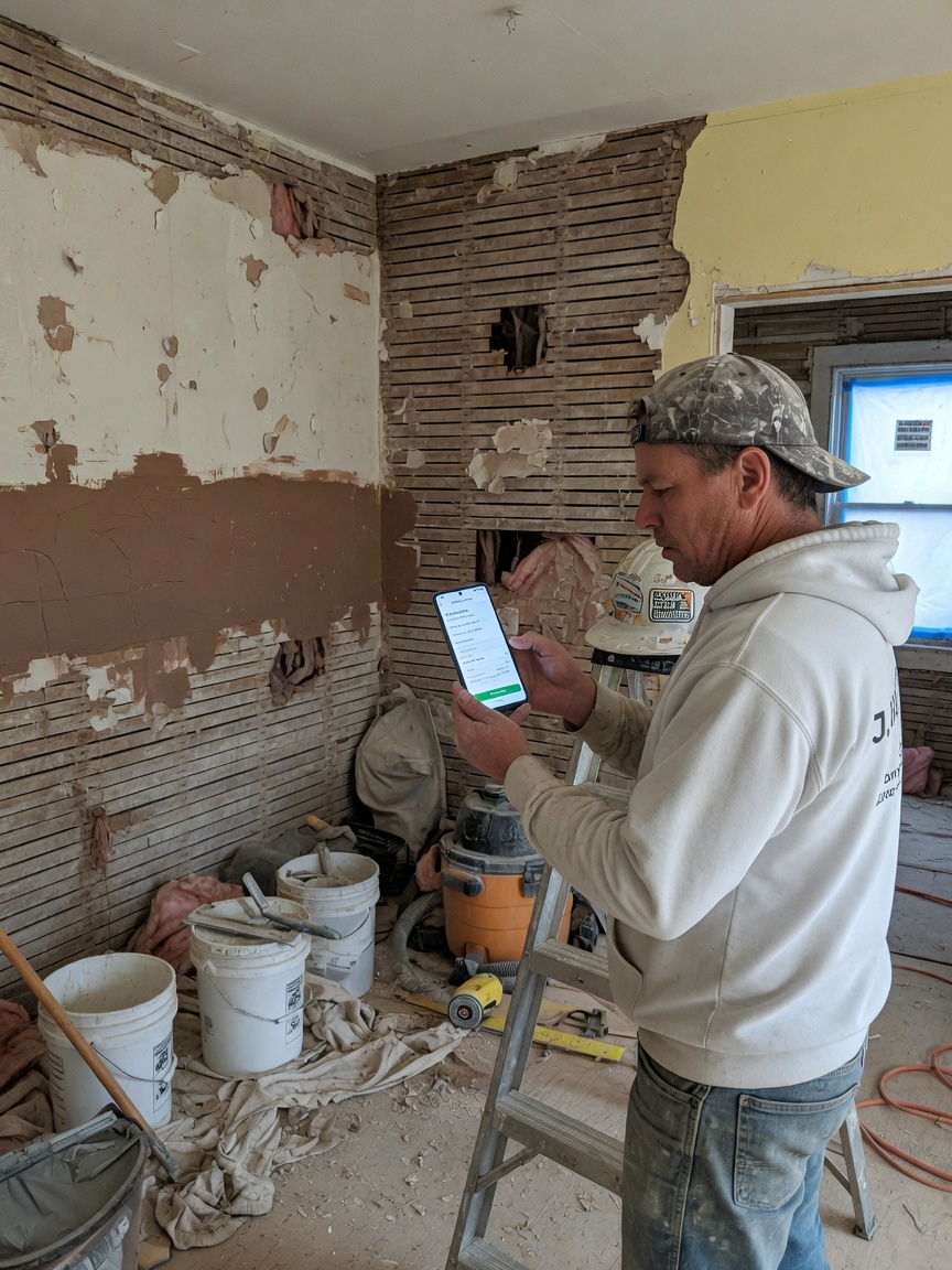 Plasterer approves a scope-add summary draft on his phone between brown coat runs