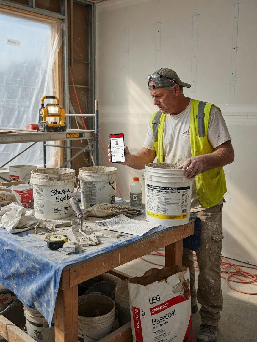 Plasterer checks base-coat and mesh specs on his phone at a stucco job site