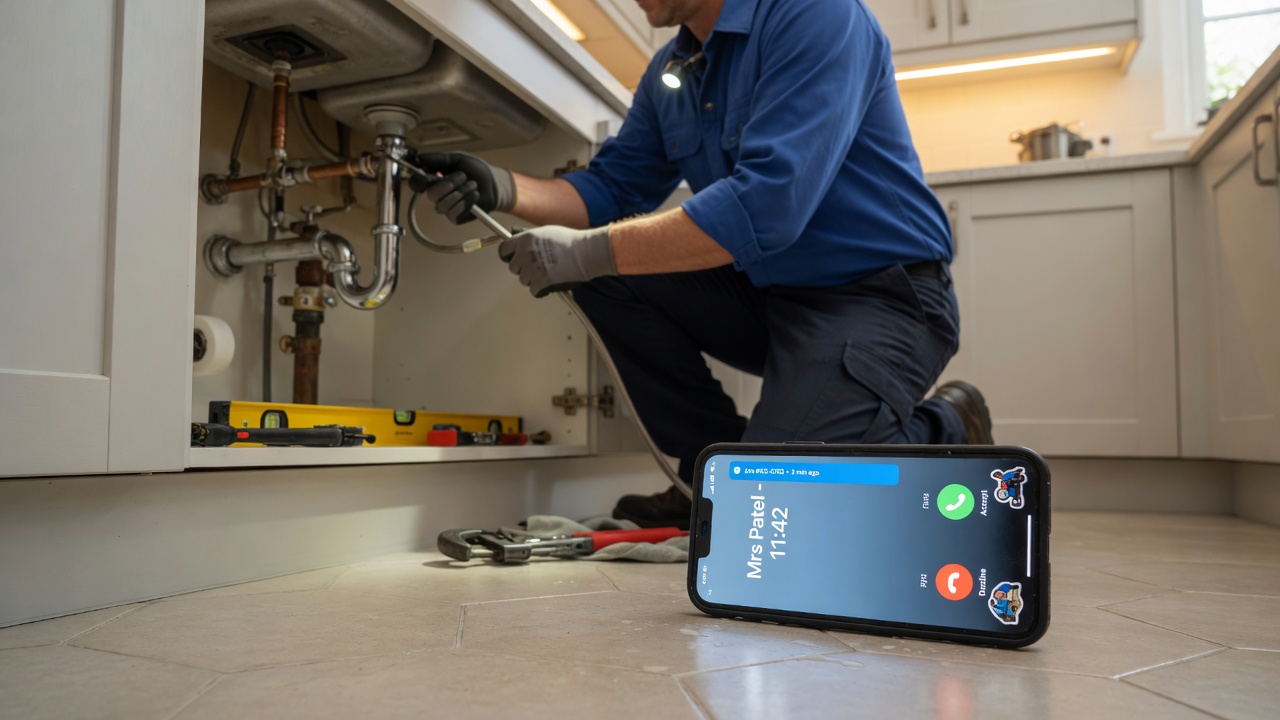 Plumber under a sink while an AI agent triages an active-leak emergency call