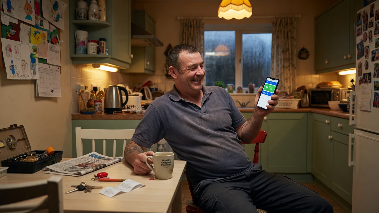 Plumber reviews automated invoice payment reminders on his phone between jobs