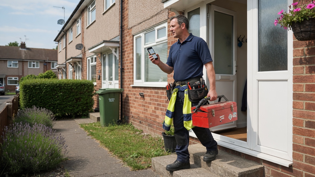 Plumber responds to an Angi lead on his phone between service calls