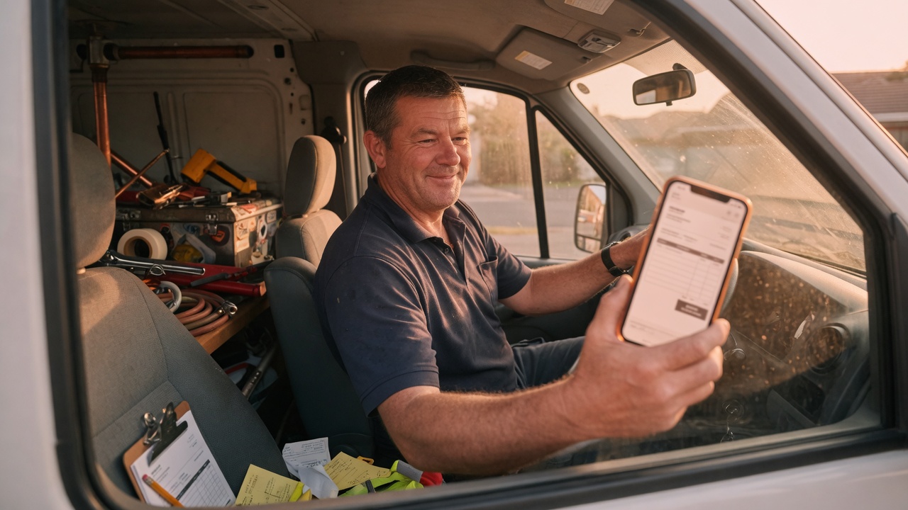 Plumber in a crawlspace sending a water heater replacement estimate from his phone