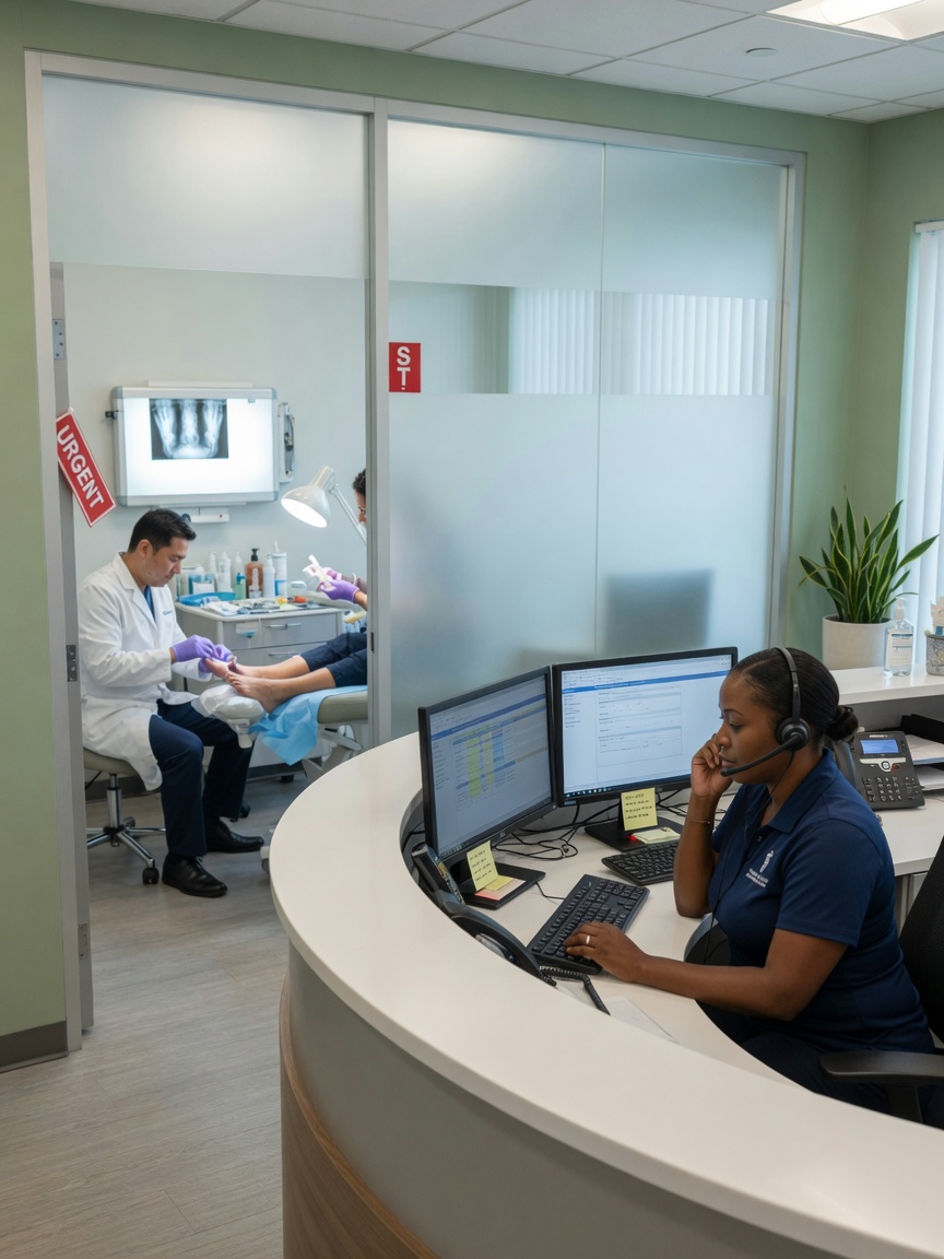 Podiatry office manager reviews an ingrown-nail intake call summary on her phone while staff assist in the procedure room