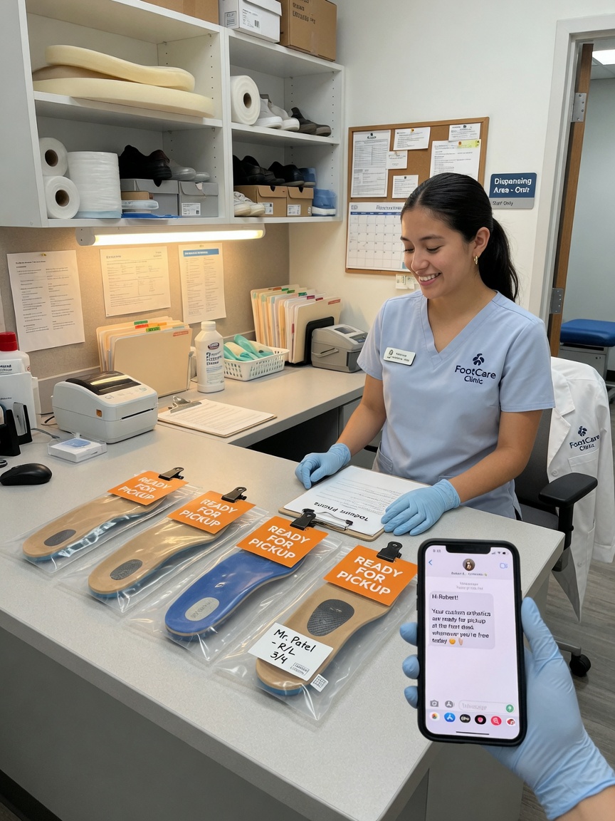 Podiatry front desk staff reviews an orthotic pickup reminder draft on a monitor beside the dispense shelf