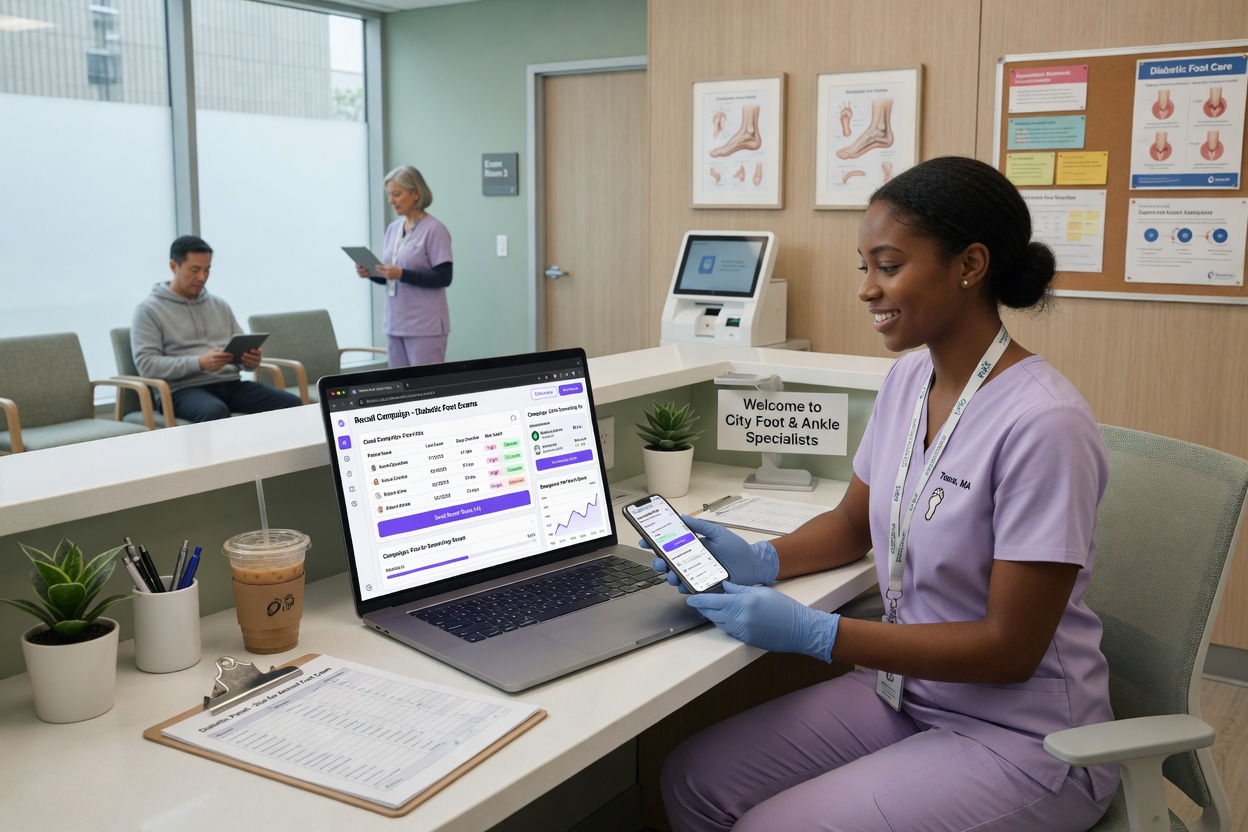 Podiatry medical assistant reviews an overdue diabetic foot recall campaign summary on her phone beside an open exam room