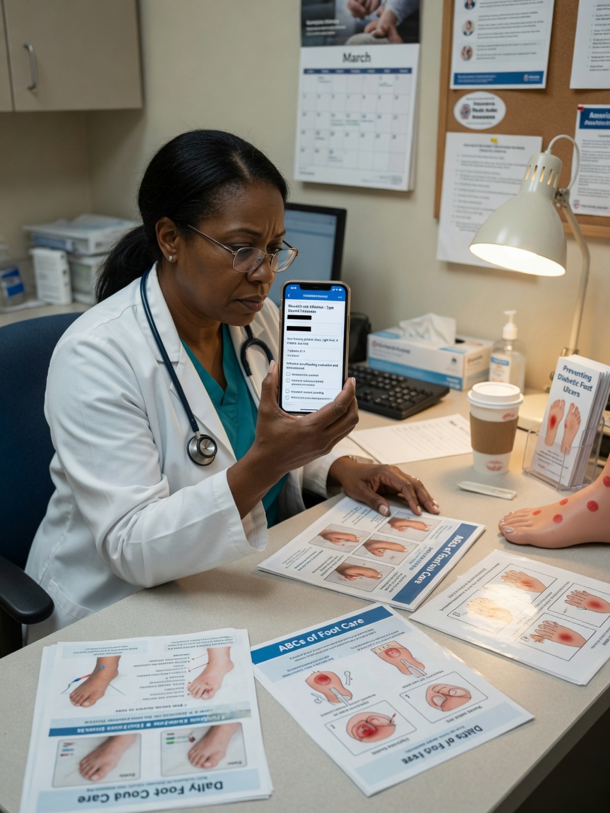 Podiatrist reviews a PCP wound-care referral intake summary on his phone between procedure blocks