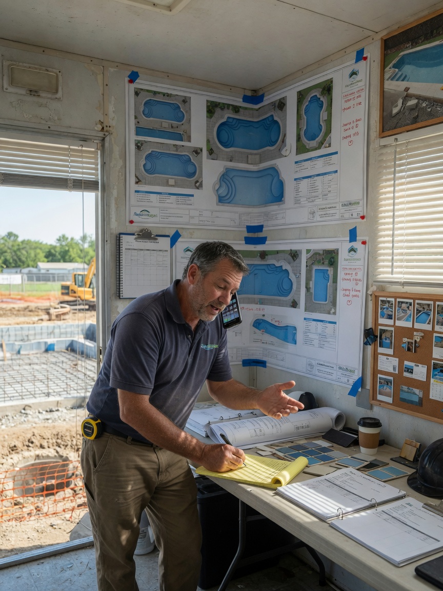 Pool builder reviews a routed showroom inquiry brief on his phone beside an active dig site