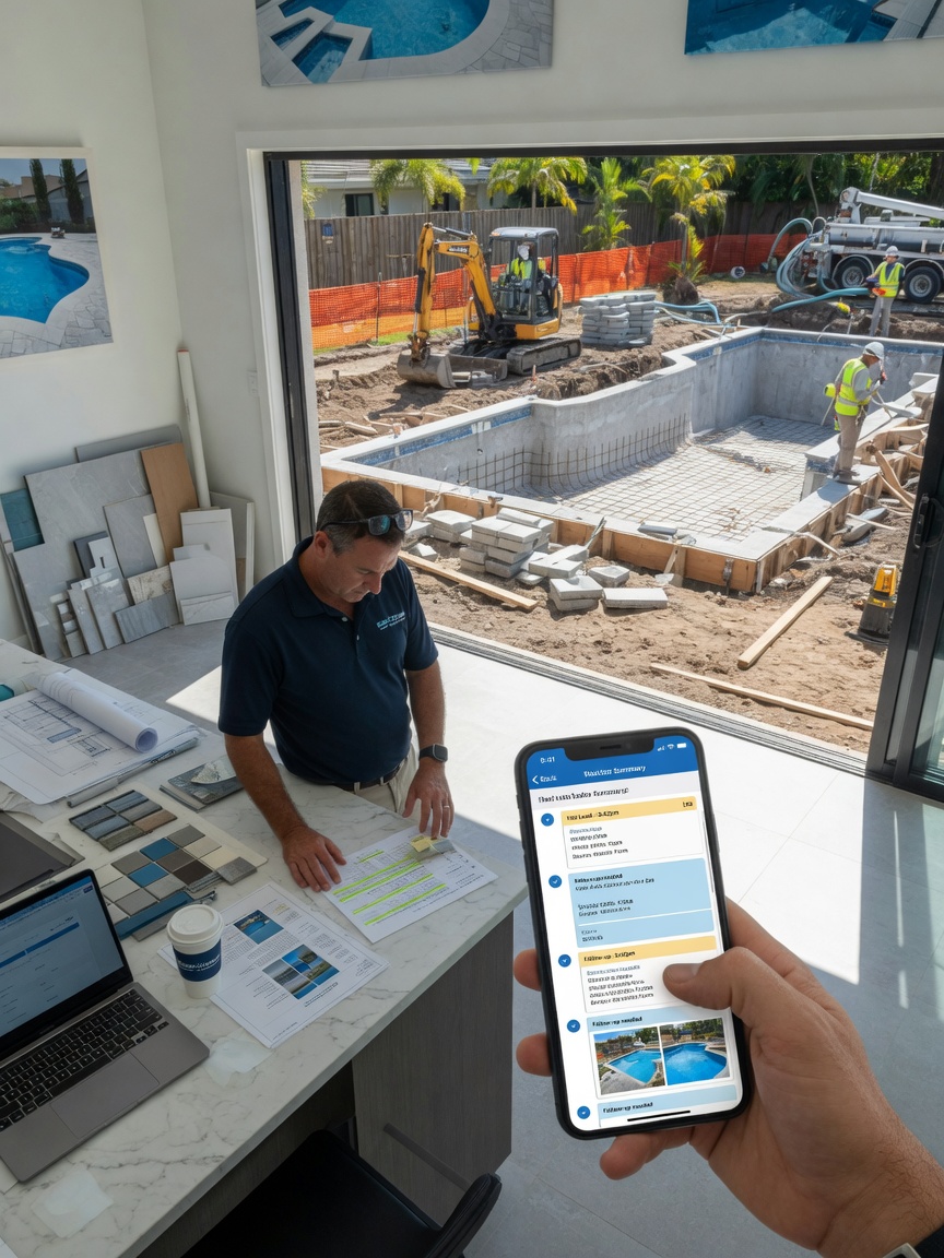 Pool builder reviews a web lead inquiry summary on his phone between showroom appointments