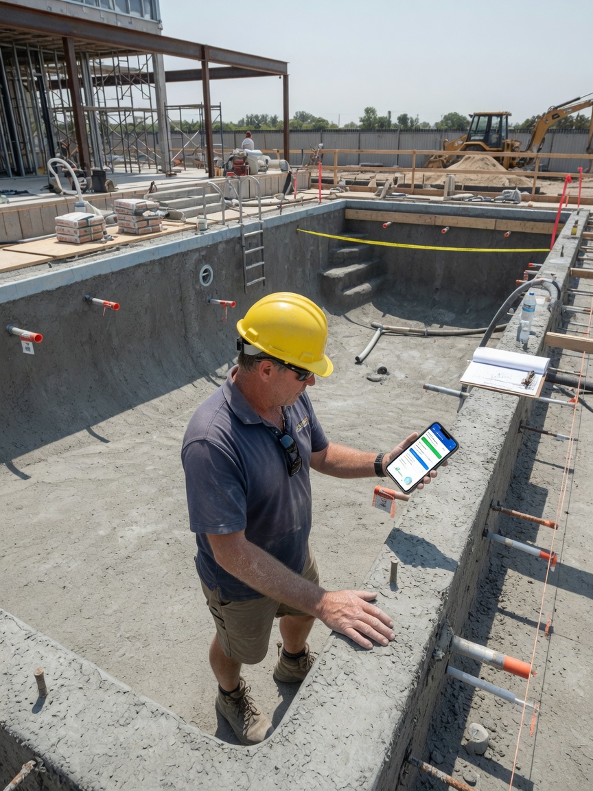 Pool superintendent reviews a gunite-phase milestone update draft on his phone at a residential build site