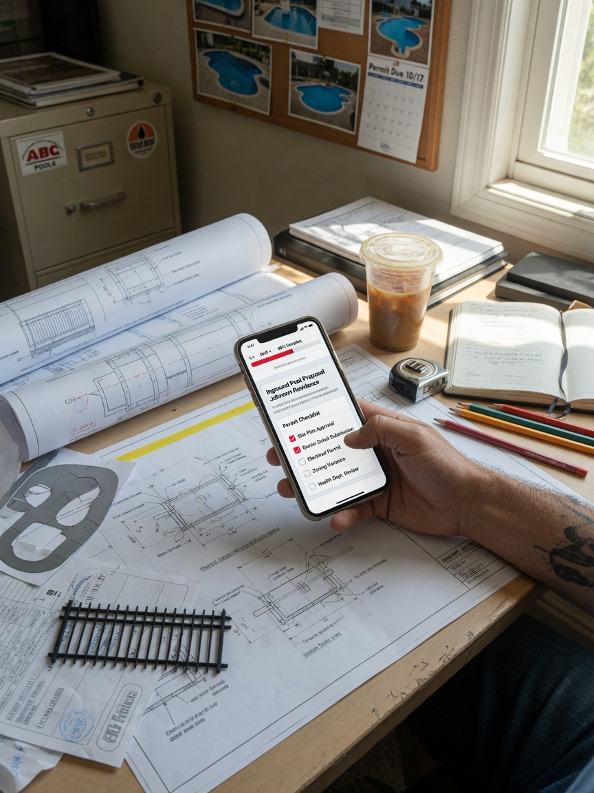 Pool contractor drafts a proposal and barrier permit checklist on his phone after a backyard design visit