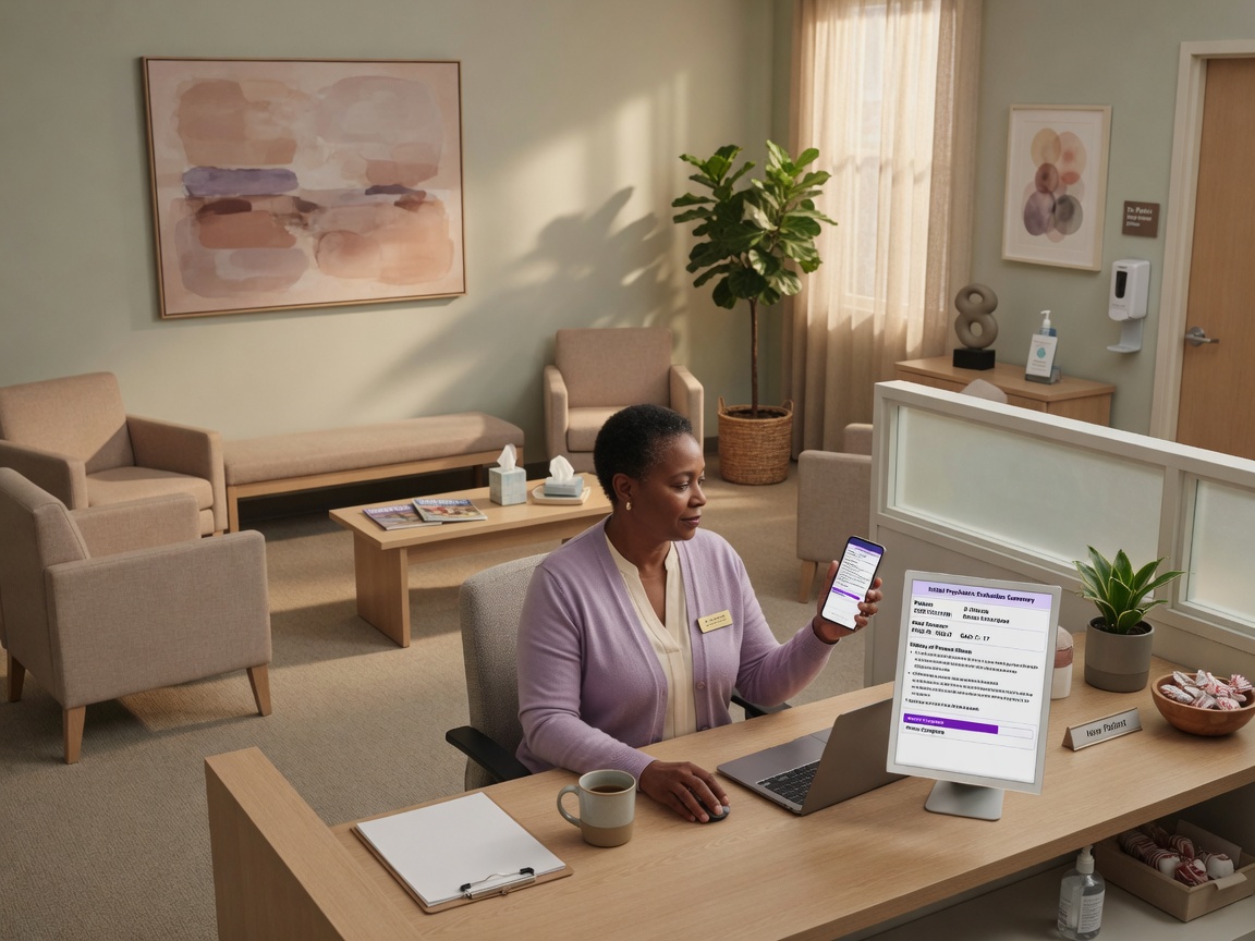 Psychiatry practice manager reviews a new eval call summary on her phone while patients wait in a calm outpatient reception area