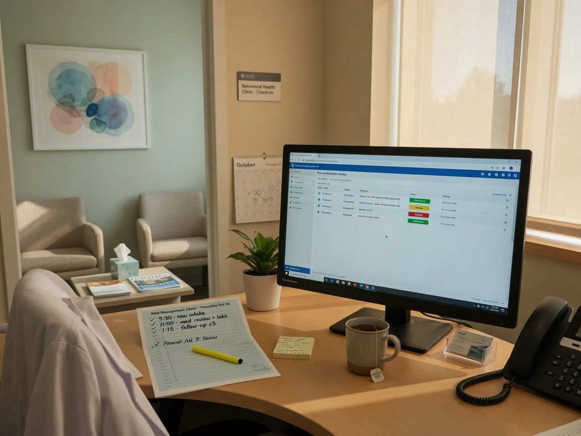 Psychiatry front desk staff reviews prior-auth status notes on a monitor before the morning med-management schedule