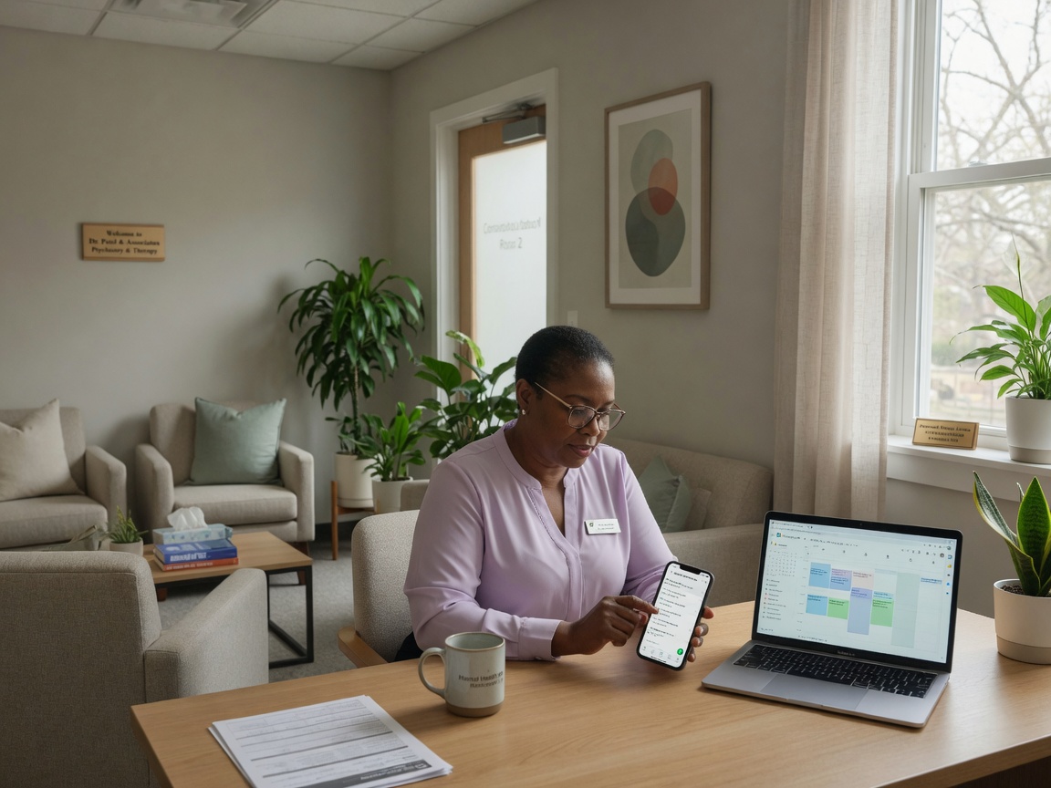 Psychiatrist reviews a no-show rebook campaign summary on her phone beside an open med-management exam room