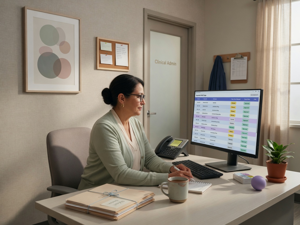 Psychiatry medical assistant reviews a medication refill triage draft on a tablet between med-management appointments