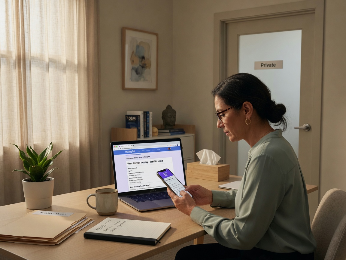 Solo psychiatrist reviews a new patient waitlist lead summary on her phone between med-management sessions