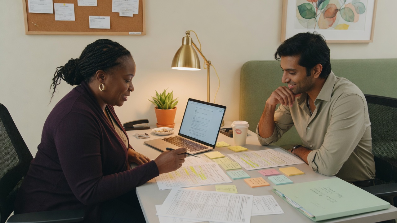 Therapy practice front desk staff reviews insurance benefit verification notes on a monitor before the morning session schedule
