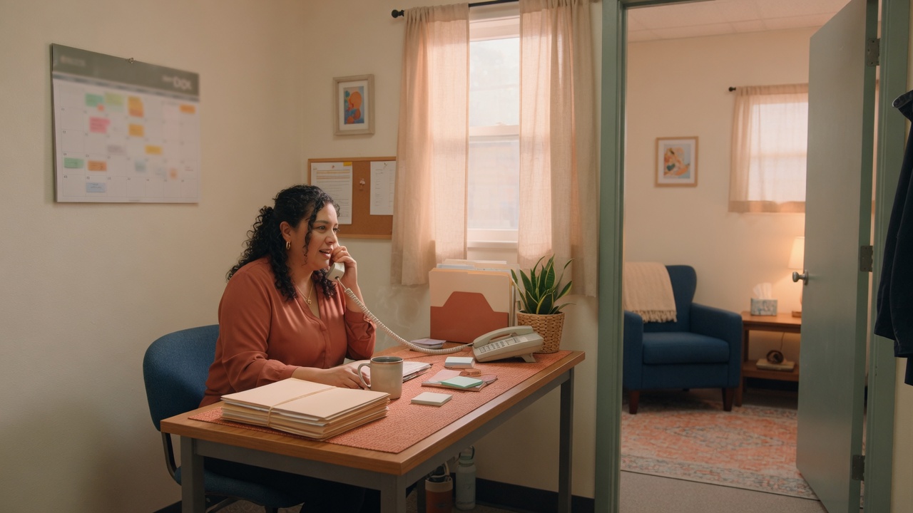 Therapist reviews a new consultation call summary on her phone while clients wait in a calm private practice reception area