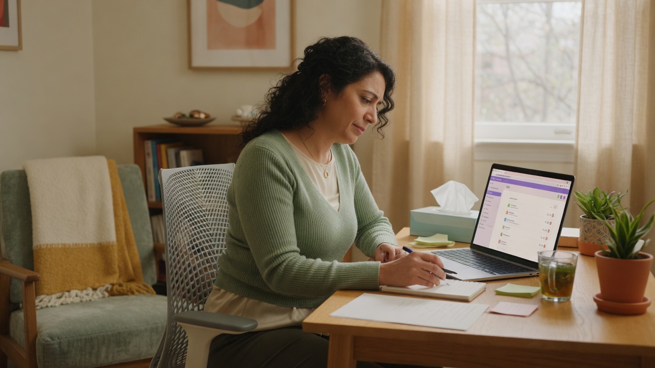 Solo therapist reviews a Psychology Today waitlist lead summary on her phone between afternoon therapy sessions