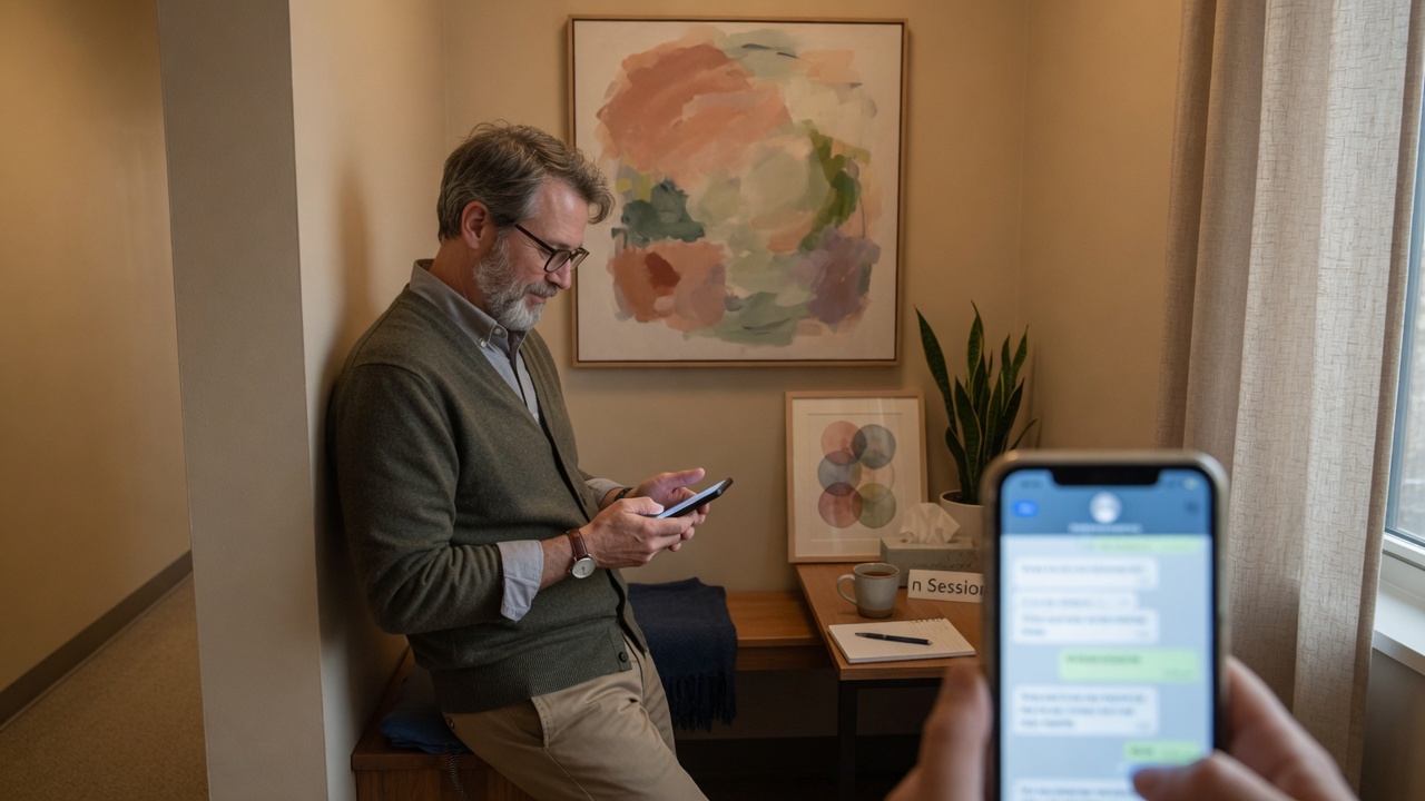 LMFT reviews a no-show rebook campaign summary on her phone beside an open therapy office with a couch and soft lighting