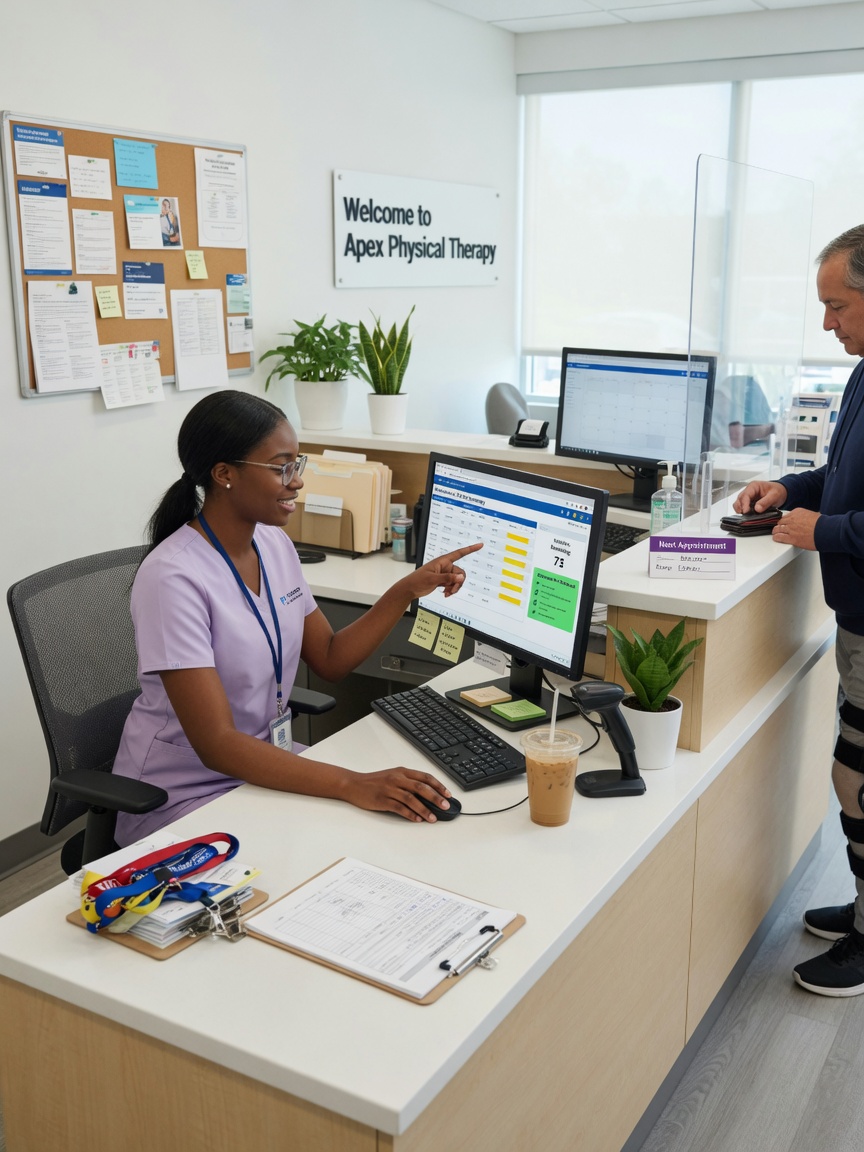 PT front desk staff reviews authorized visit summary notes on a monitor before afternoon checkout rush