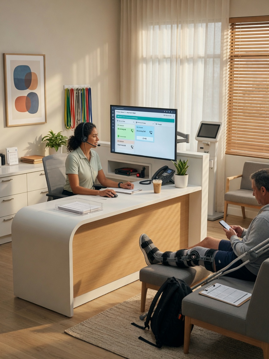 PT clinic front desk staff reviews a new eval call summary on her phone while patients check in at the reception desk