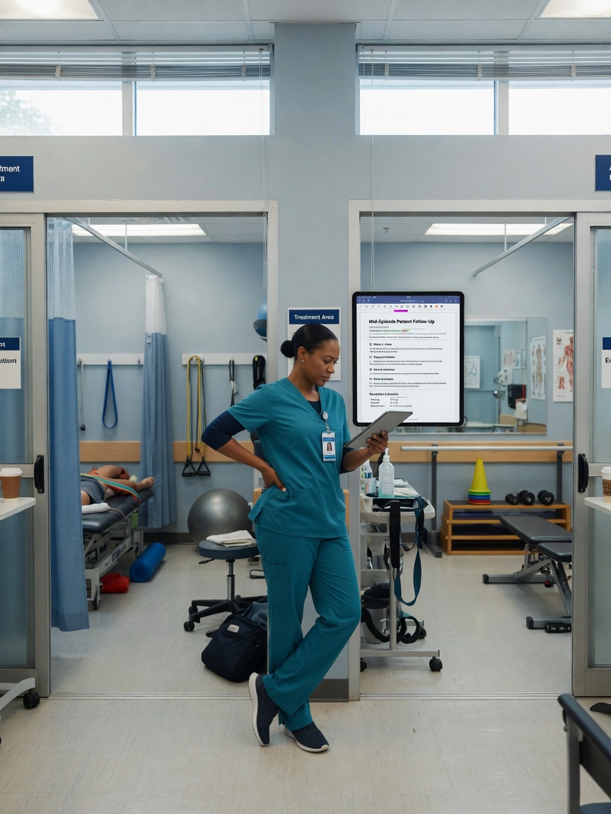 Physical therapist reviews a mid-episode dropout follow-up draft on a tablet between treatment sessions