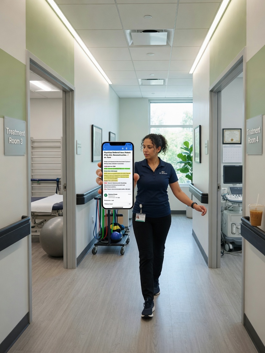 PT clinic owner reviews a physician referral lead summary on her phone between patient sessions