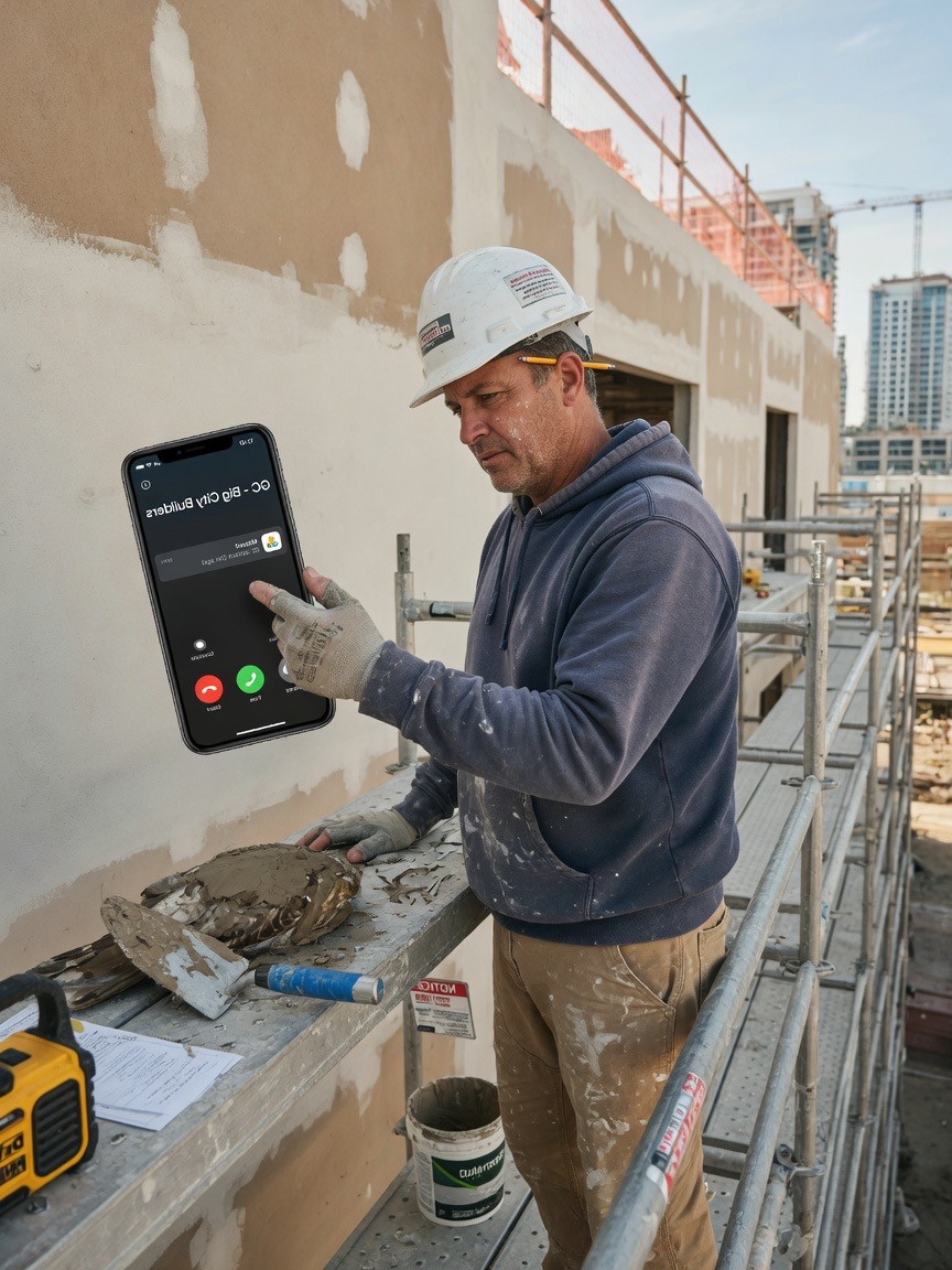 Rendering specialist on exterior scaffold reviews a routed EIFS callback brief on his phone