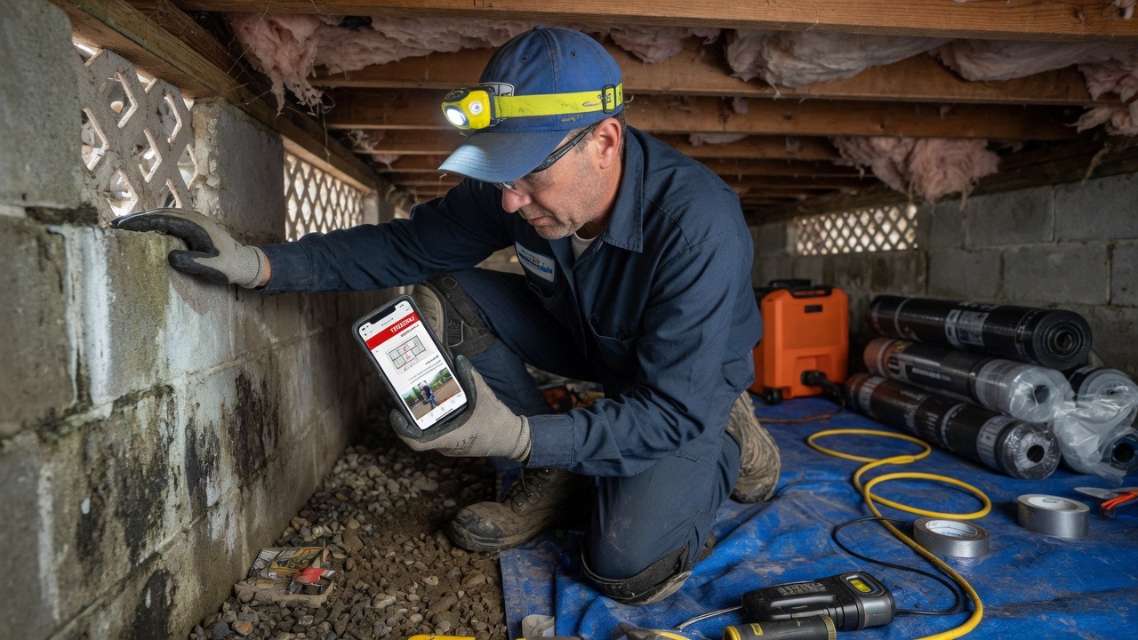 Restoration technician on an active water loss reviews a routed emergency intake brief on his phone beside extraction equipment