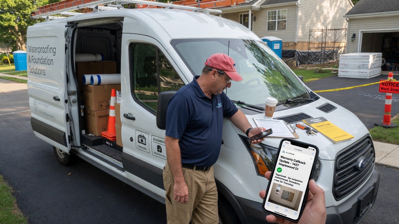 Restoration crew lead reviews a drying milestone notice draft on his phone before logging moisture readings at an active mitigation job