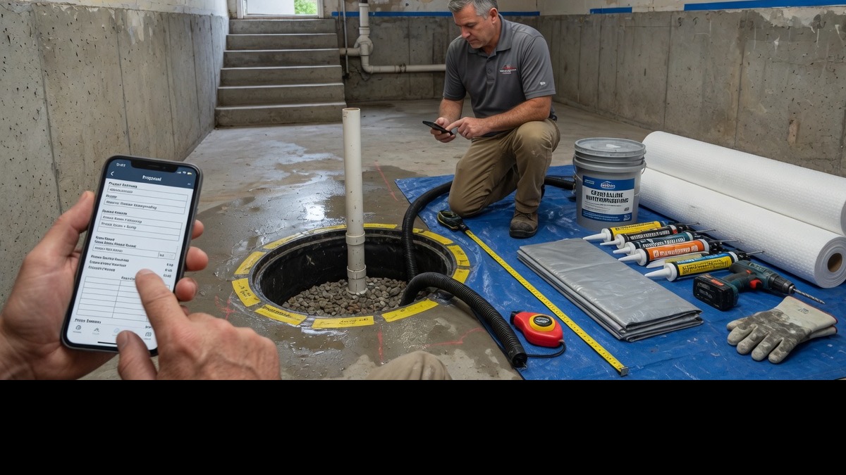 Restoration contractor drafts a mitigation proposal with equipment-day line items on his phone beside dehumidifiers at a water-damaged home