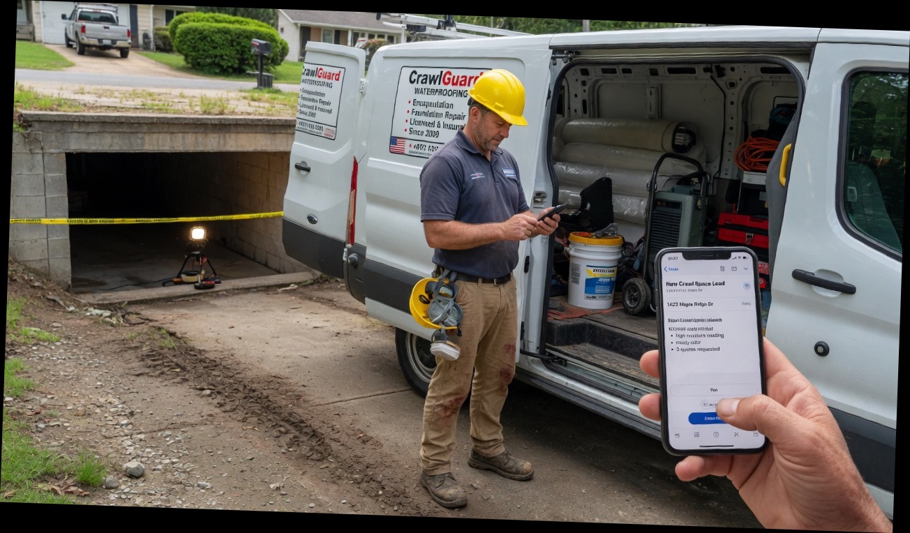 Restoration contractor reviews a TPA assignment intake summary on his phone between active water-damage jobs
