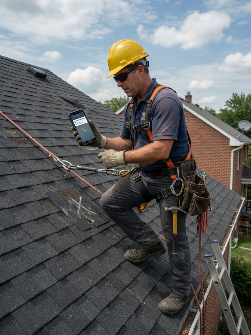 Roofer on a residential slope reviews a routed leak-call summary on his phone