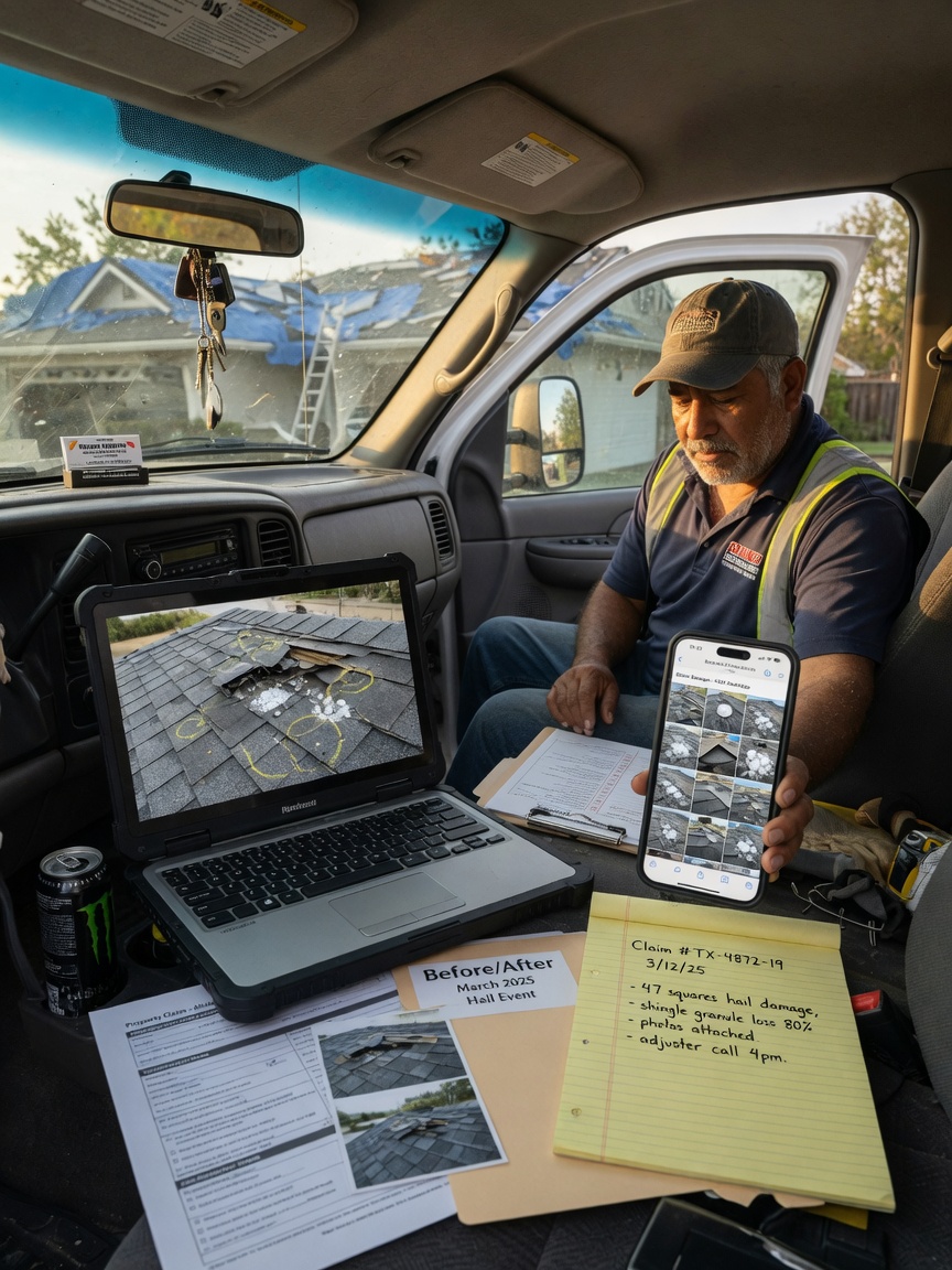 Roofing contractor drafts a storm-damage insurance claim summary on his phone after an inspection