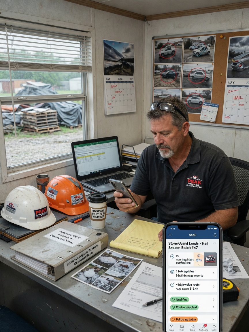 Roofing contractor reviews a storm-lead inquiry summary on his phone between jobs