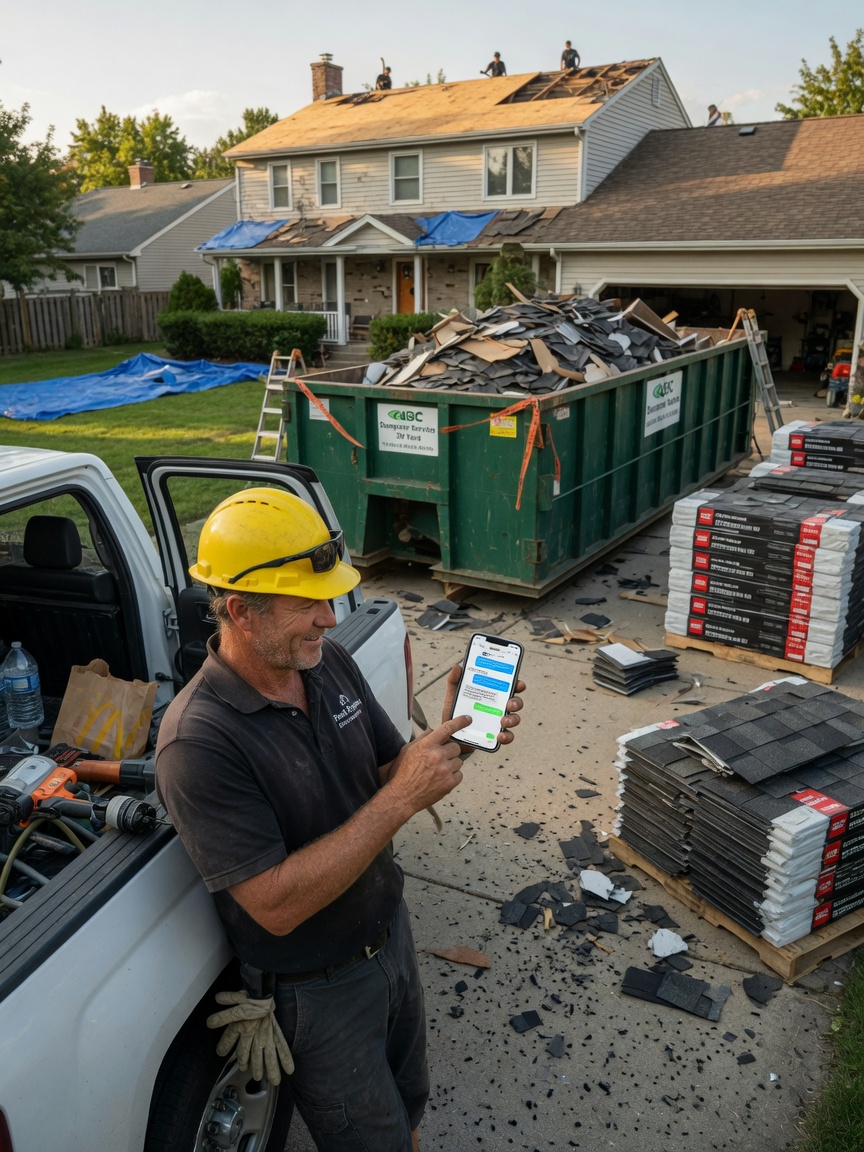 Roofer reviews a dry-in milestone update draft on his phone beside a residential tear-off