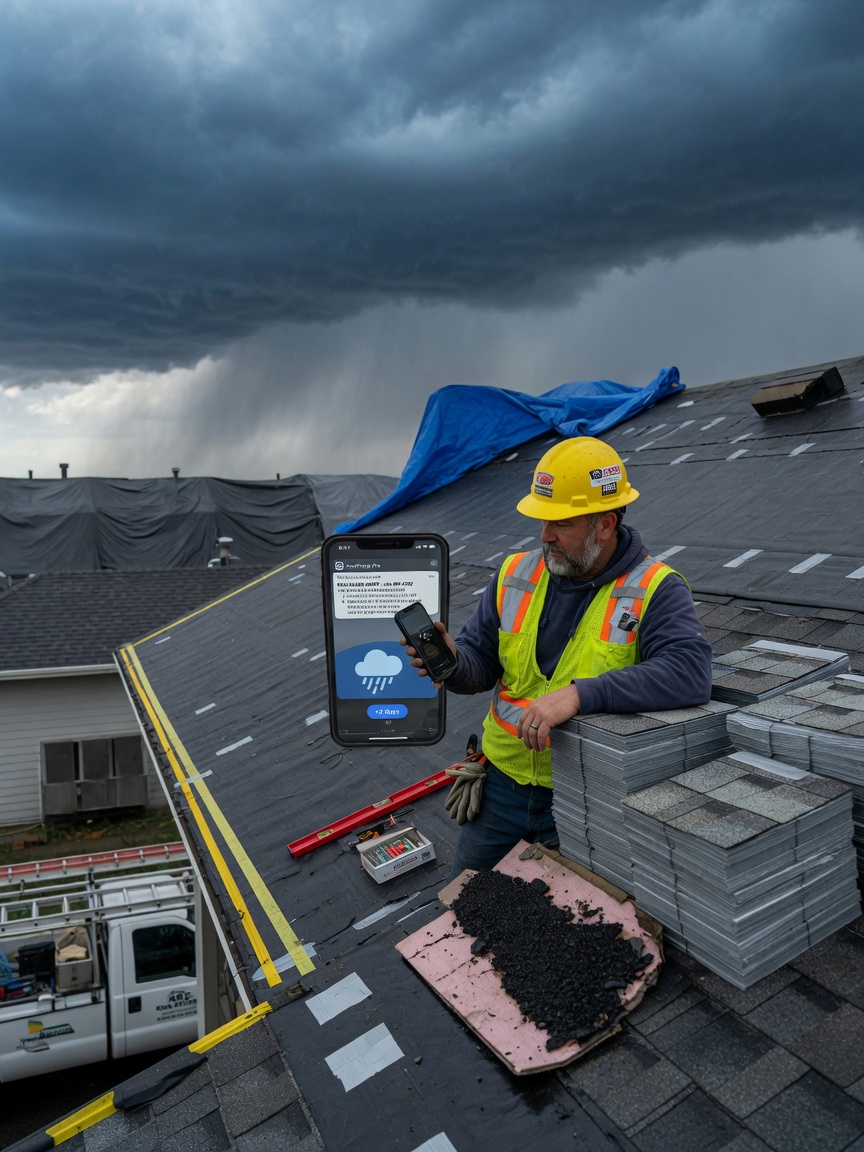 Roofing crew lead sends a weather-delay reschedule notice from his truck