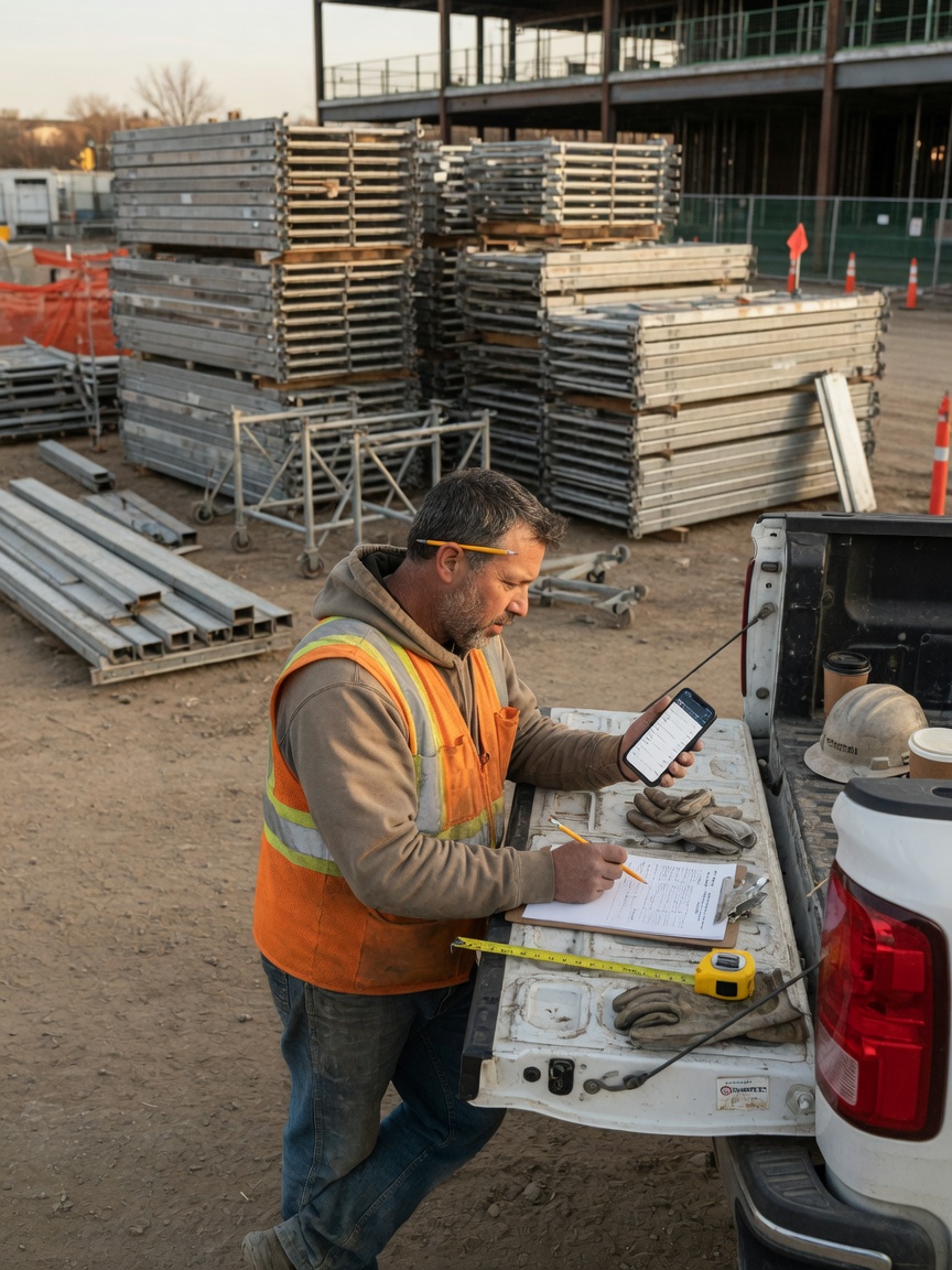 Scaffolding estimator drafts an erection bid on his phone after a commercial site walk