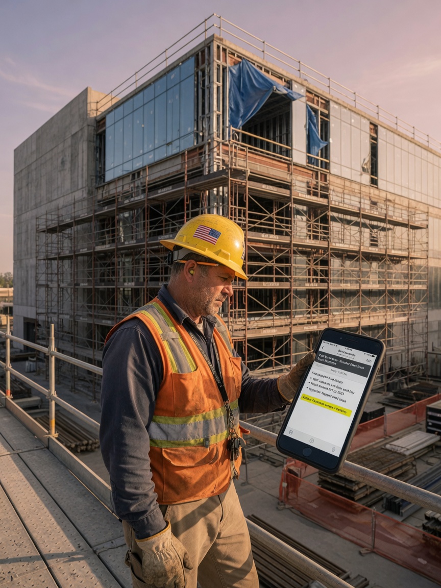 Scaffold erector reviews a routed GC callback brief on his phone while tied off on a commercial frame lift